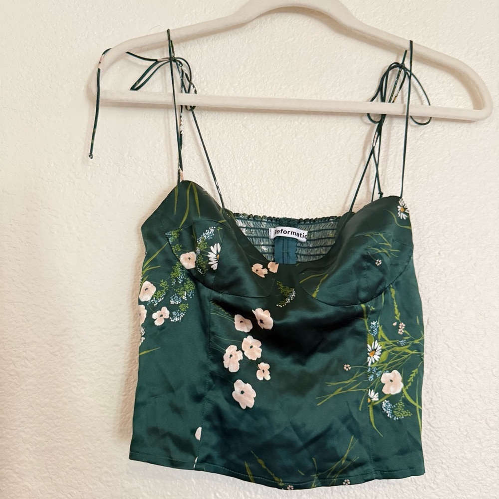 Reformation Silk Floral Camisole Top Emerald Green Daisy Print Smocked Back - Picture 5 of 12
